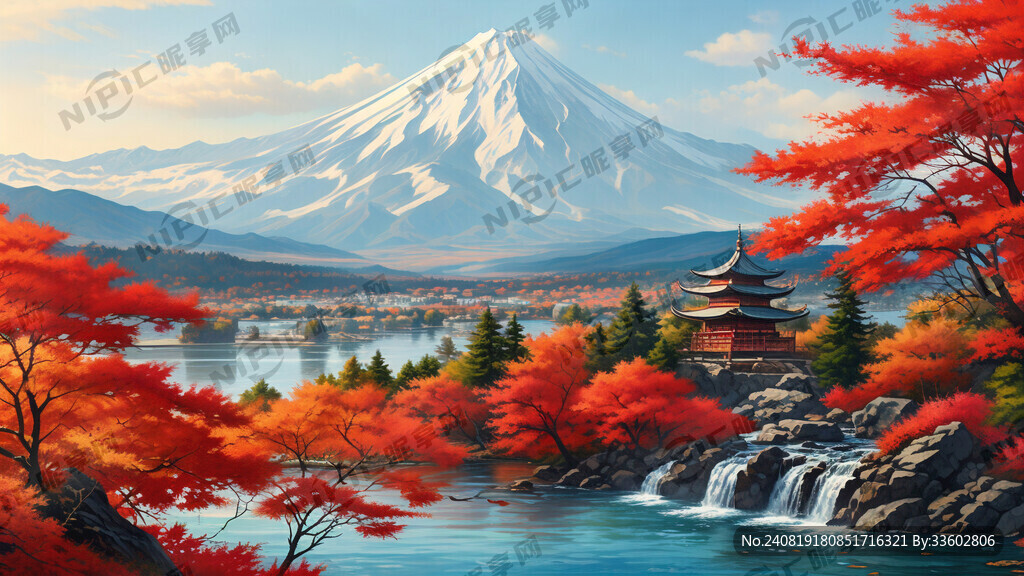 富士山大点 枫叶树 溪流