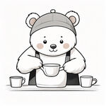 手绘简单线稿，可爱的线稿熊一个手拿着咖啡壶，另一个手拿着滤嘴壶，正在冲泡手冲咖啡，穿了个黑色的背心一样的围裙
