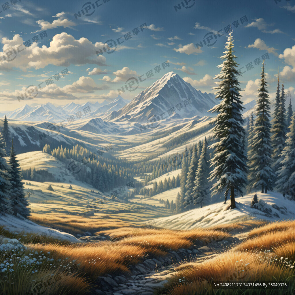 远方雪山风景 雪山下一片树林