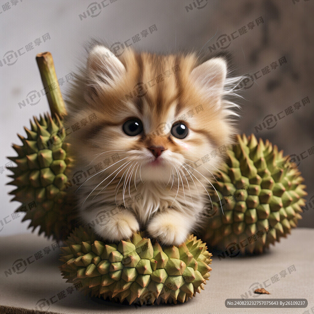 可爱的小猫头戴榴莲爬在水果上