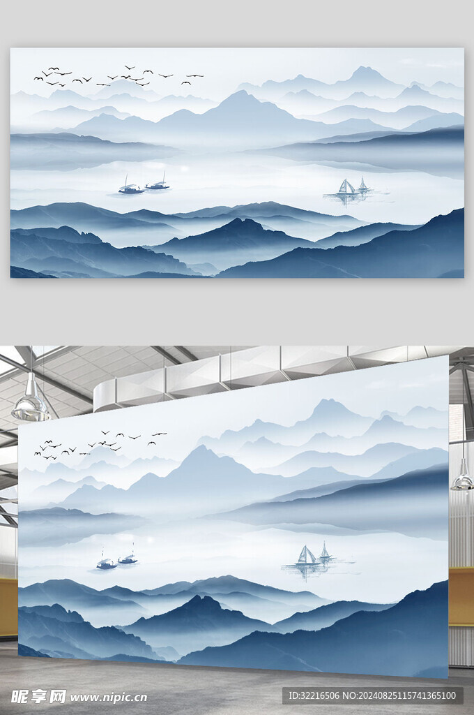 山水水墨画船背景