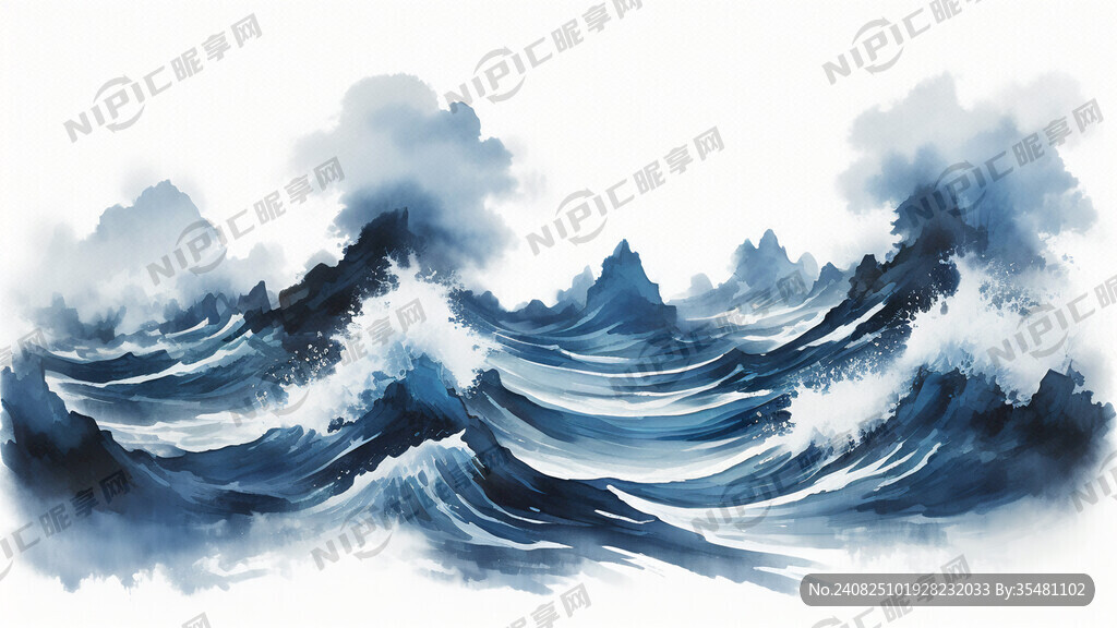蓝色海浪水彩水墨 写意