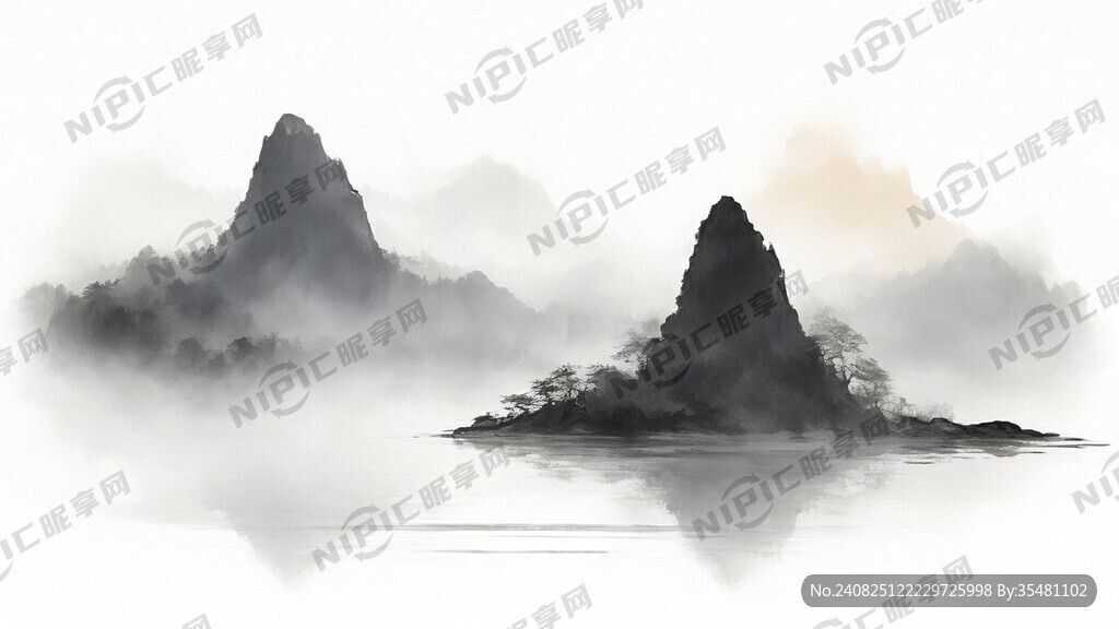 山峰轮廓水彩水墨画