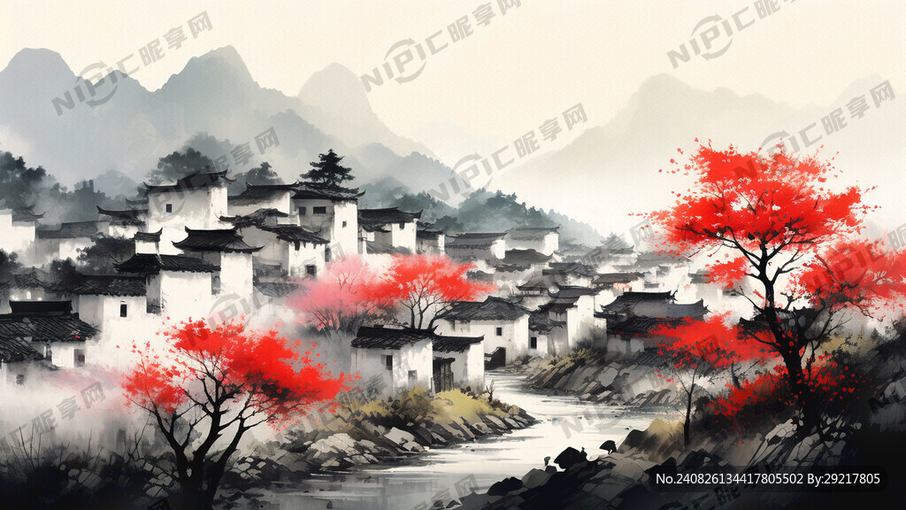 远山 山上开着一些映山红的花