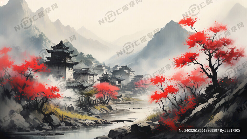 远山 山上开着一些映山红的花
