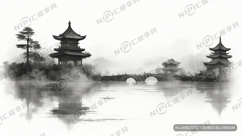 水墨金水桥 树  亭子