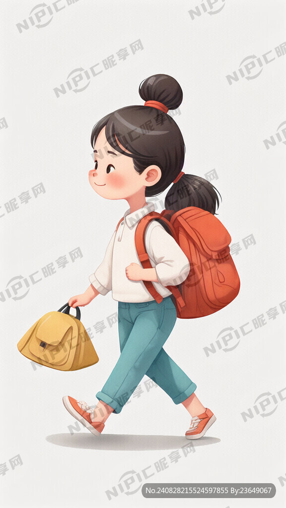 一个背着书包走路的小女孩 插画