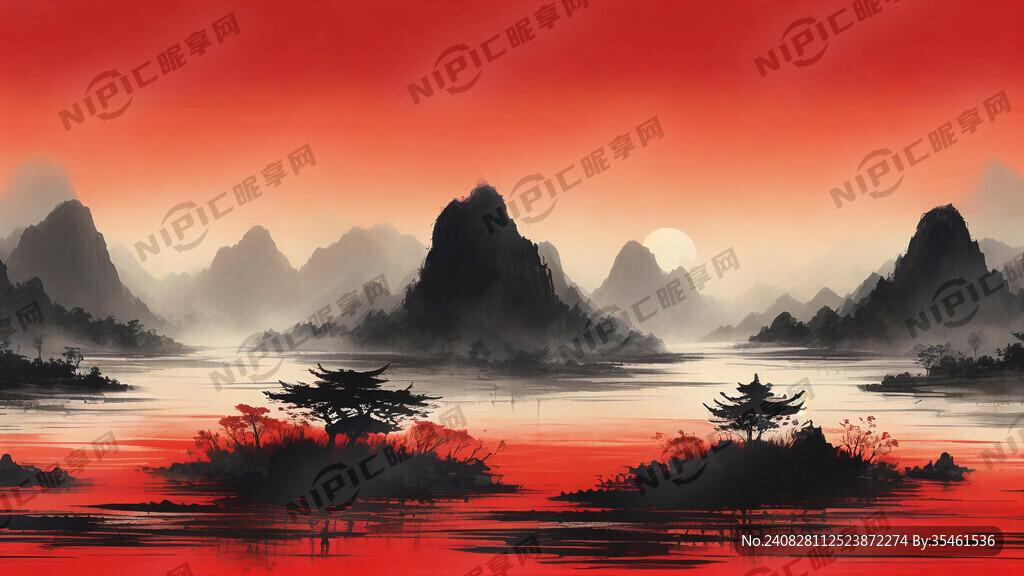红色背景黑色线条 中国风