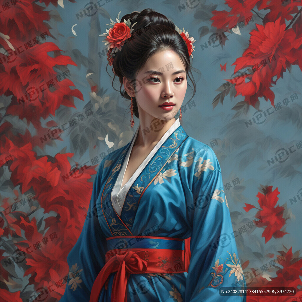 穿畲族传统蓝色调服饰的国风畲女