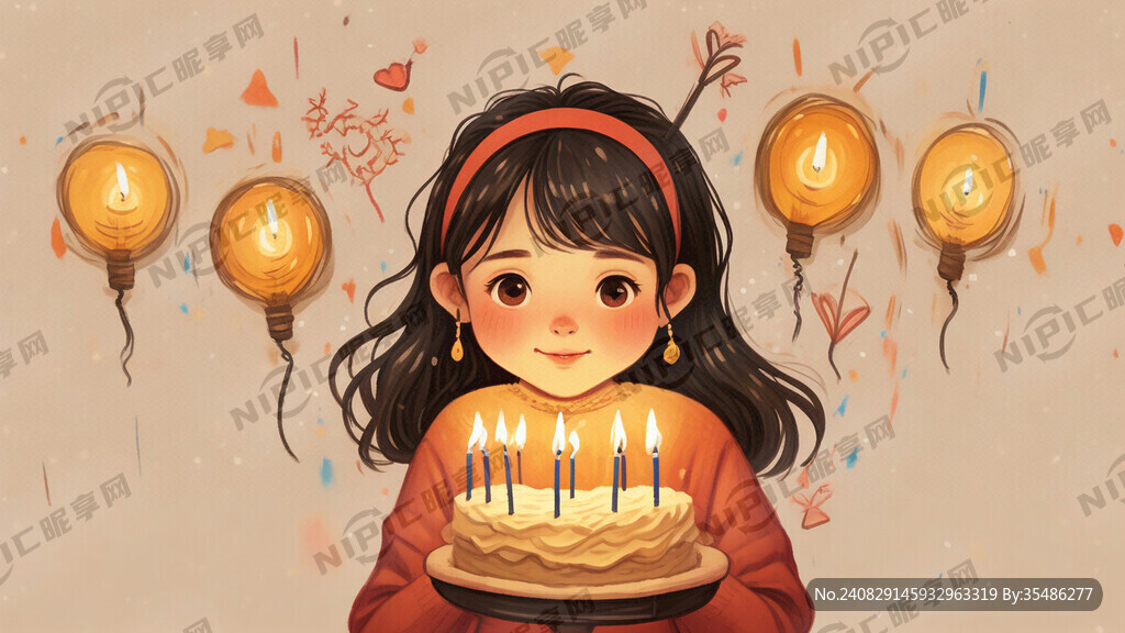 生日快乐 蜡笔画 少女风 烛光