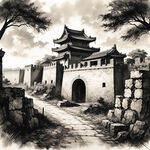 斑驳破旧的城门洞及垛口的明代城墙素描画