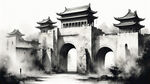正面的斑驳破旧的城门洞、明代城墙黑白水墨素描画