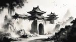 正面的斑驳破旧的城门洞、明代城墙黑白水墨素描画