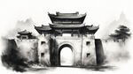 正面的斑驳破旧的城门洞、明代城墙黑白水墨素描画