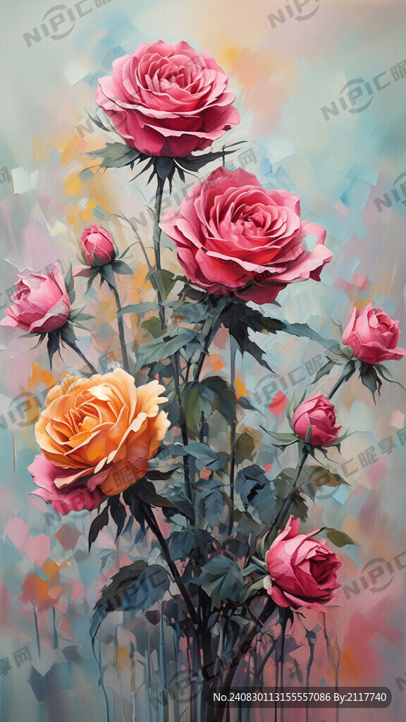 莫奈风油画 全是玫瑰花 抽象