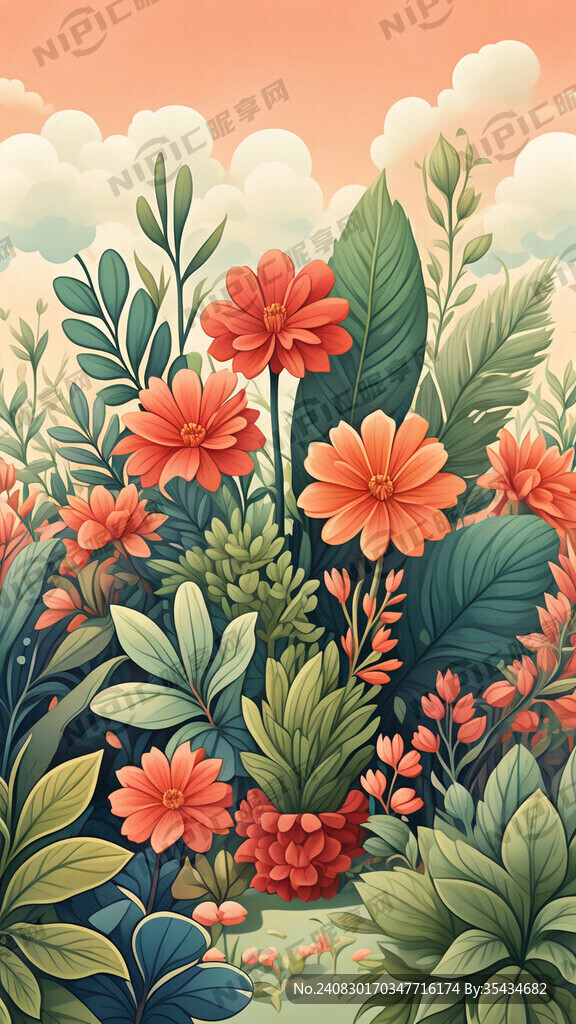 卡通扁平丰富花草植物元素 插画