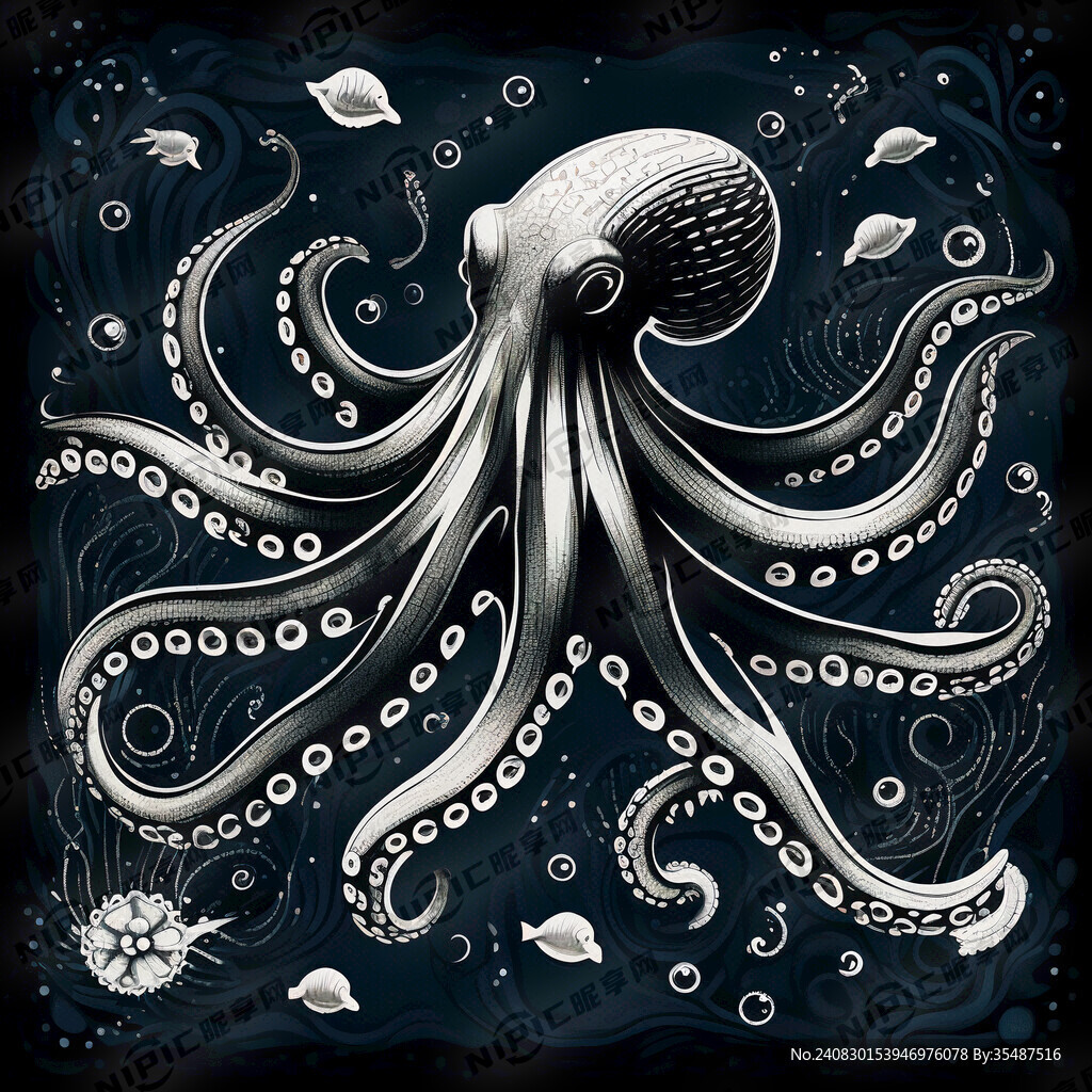 海洋章鱼线稿 黑底单色图案