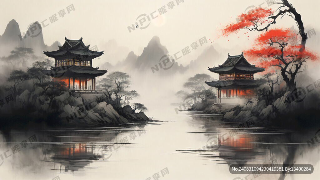 国画灯火通明园林庭院环廊