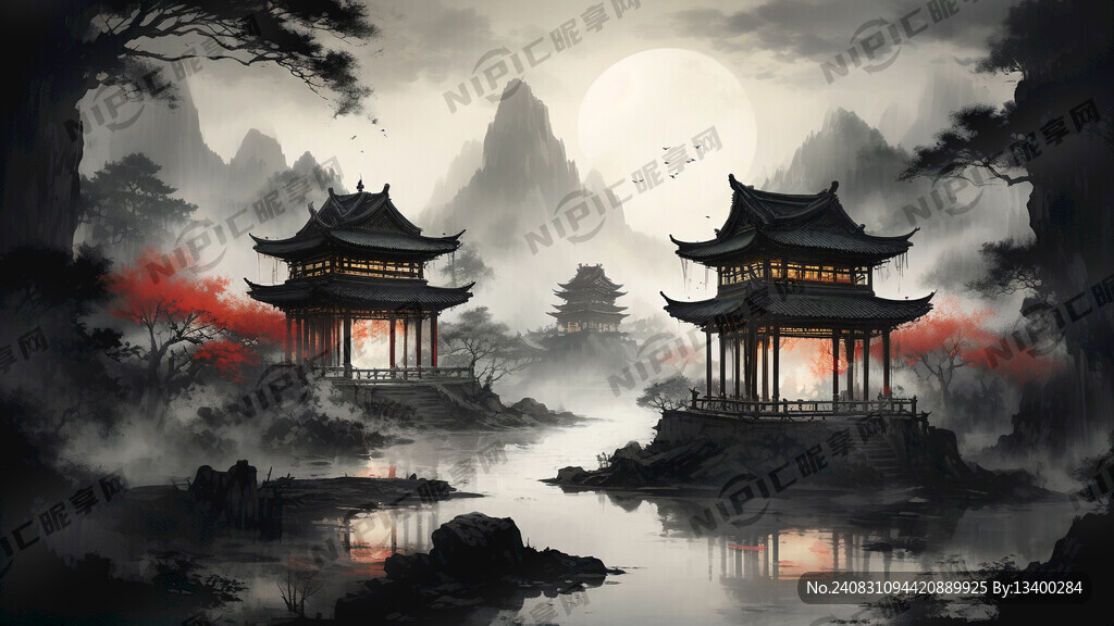 国画夜景灯火通明园林庭院环廊