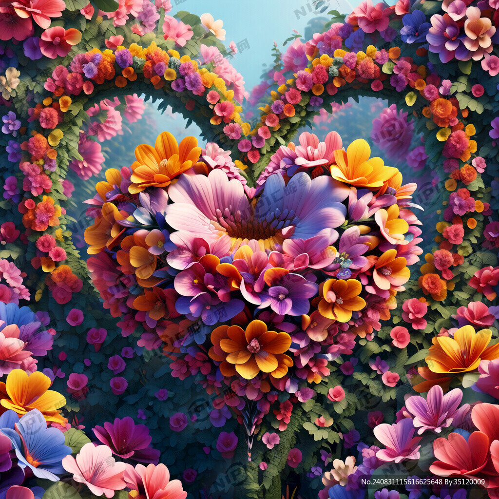 3D 心形彩色花卉