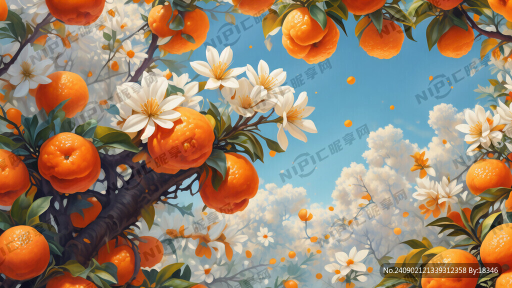 橙子树上开满白色橙子花和橙子