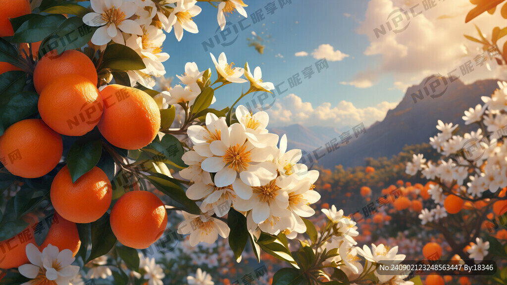 橙子树上结满橙子和白色橙子花