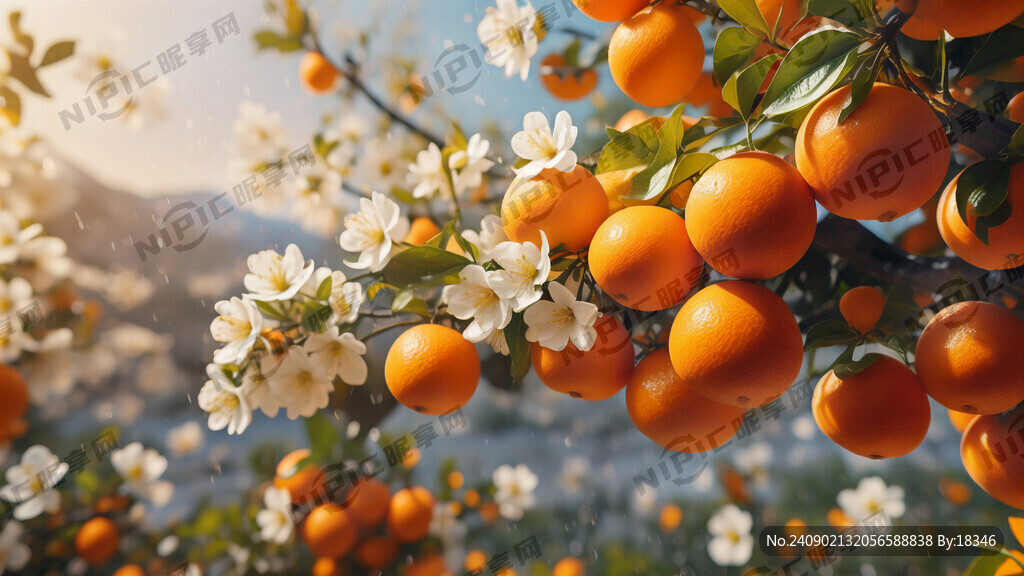 橙子树上结满橙子和白色橙子花