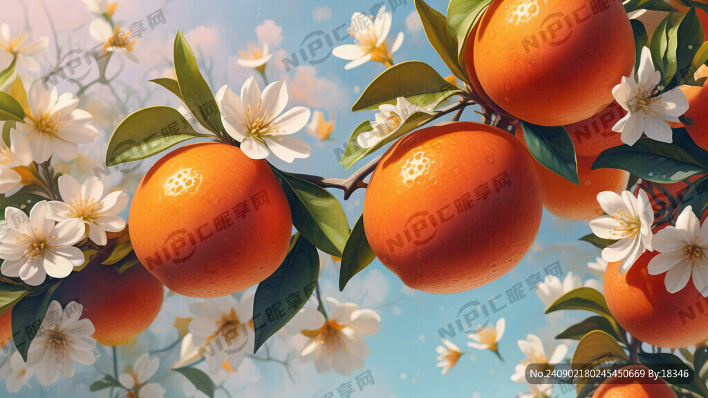 脐橙子树上2个橙子和白色橙子花