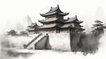 正面的明代城楼，有一些垛口的，只有一个城门的，有可见的城门名称，破旧衰败的，淡彩画面，彩铅素描画，水墨画，中国风格的