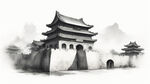 正面的明代城楼，有一些垛口的，只有一个城门的，有可见的城门名称，破旧衰败的，淡彩画面，彩铅素描画，水墨画，中国风格的