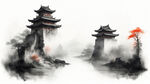 正面的明代城墙，只有一个城门，只有一个城楼，有城门名称，破旧衰败的中国水墨画风格
