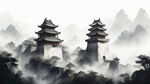 在贵州山区的一座大山顶上，只有一座低矮的城楼，只有一个城门并且能看见城门名称，有一段很长的石头砌成的城墙，城墙上有垛口，衰败的破旧的明代城墙，中国水墨画淡彩风格画。