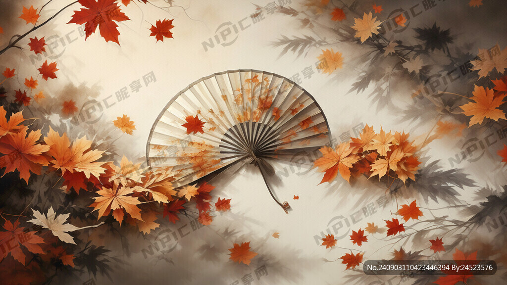 金秋落叶背景 画面中有一把扇子