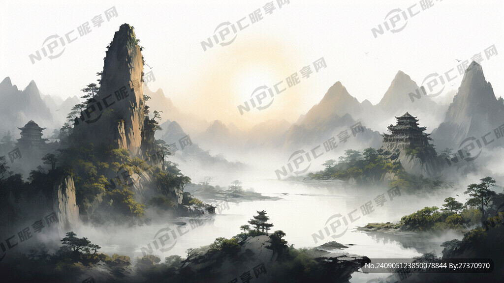 山峰和延绵的森林  旭日东升 