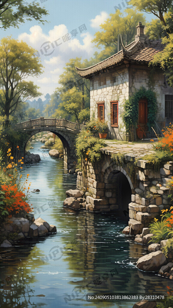 小桥流水院墙画