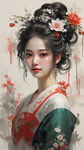 唐代宫廷的美女，超现实主义高清，中国古装，美丽如画，笑容如花，头饰华丽，闭月羞花，女性色调