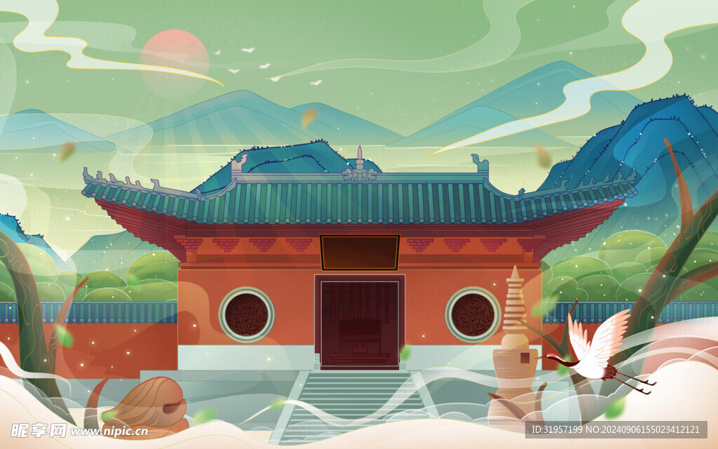 少林寺古建筑旅游插画