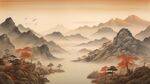 手绘复古写意画禅意水墨山水画