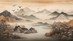 手绘复古写意画禅意水墨山水画