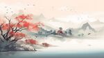手绘复古写意画禅意水墨山水画