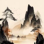 手绘复古写意画禅意水墨山水画