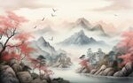 手绘复古写意画禅意水墨山水画