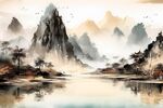 手绘复古写意画禅意水墨山水画