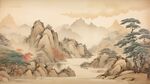手绘复古写意画禅意水墨山水画