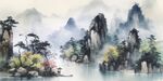 手绘复古写意画禅意水墨山水画