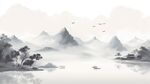 手绘复古写意画禅意水墨山水画