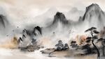 手绘复古写意画禅意水墨山水画