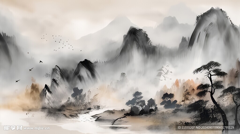手绘复古写意画禅意水墨山水画