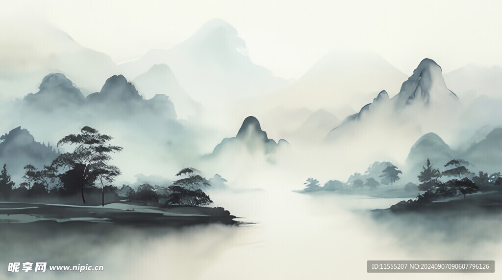 手绘复古写意画禅意水墨山水画