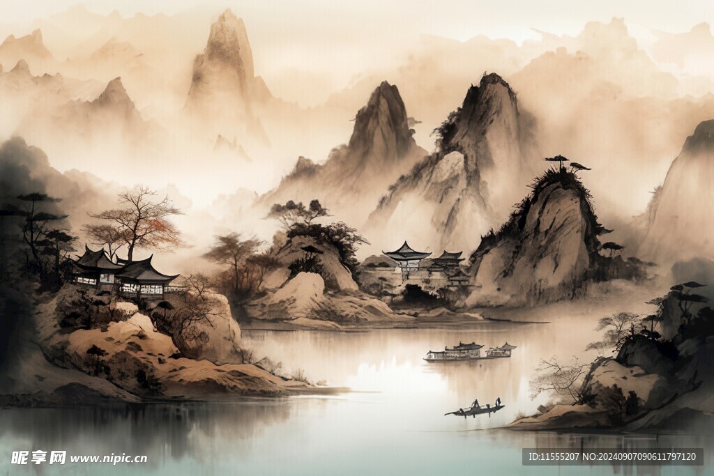 手绘复古写意画禅意水墨山水画